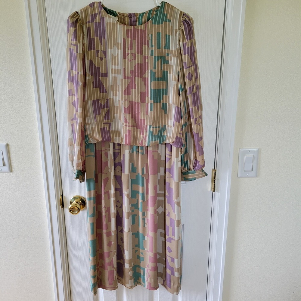 David Warren‎ NY Dress Blouson VTG 80s Beige Multicolor Abstract  No Tag Read